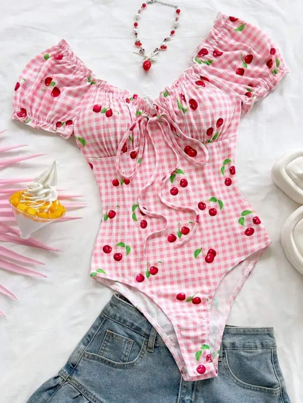 Pink Cherry Gingham Tie Bust Peasant Top Bodysuit W/Short Semi Puff Sleeves (L)
